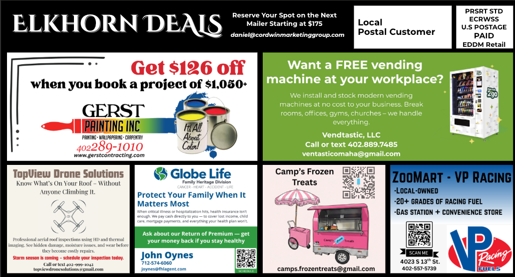 EDDM postcard sample for the Elkhorn neighborhood showing an oversized 9x12 mailer design